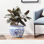 Red Lantern 16" Floral Blue & White Porcelain Fishbowl Planter - Image 2