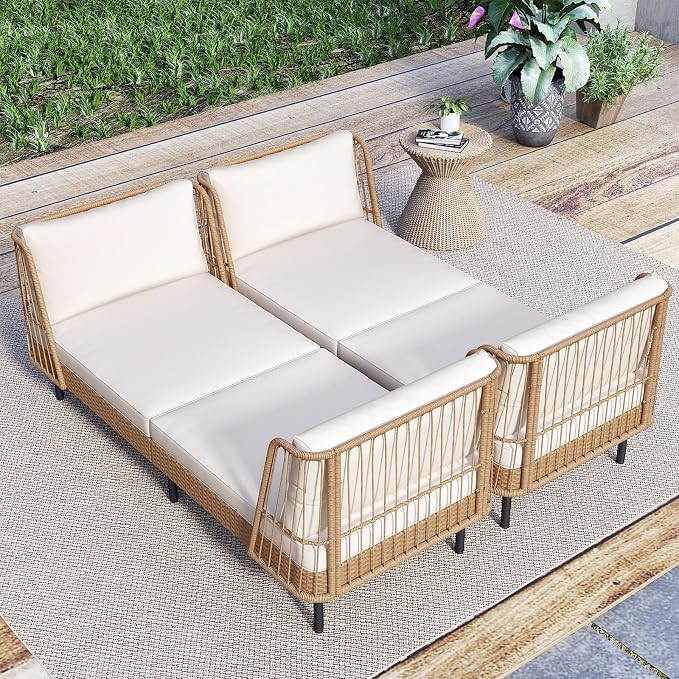 Tangkula Patio Rattan Daybed Set of 2, Boho Outdoor Wicker Lounge Sofa - Image 2