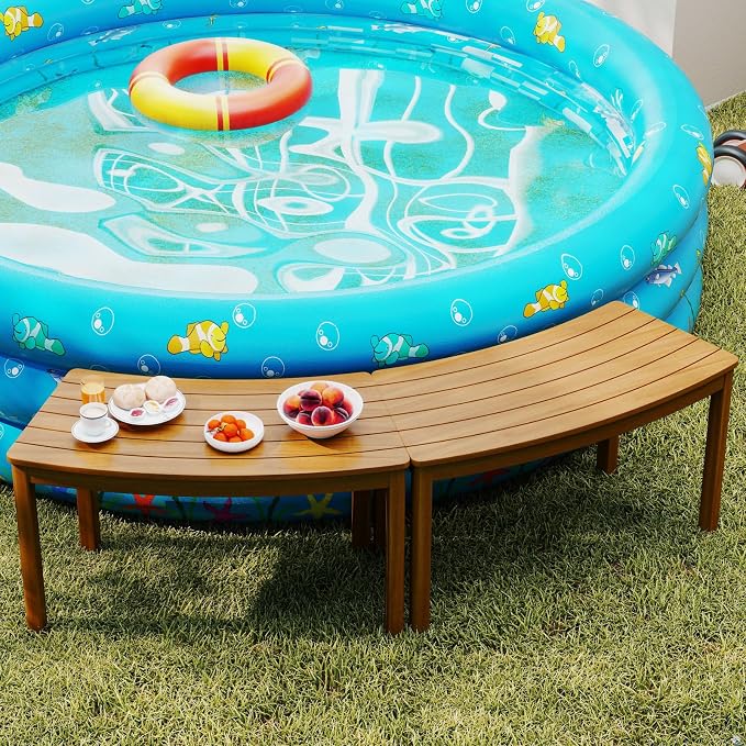 Tangkula Acacia Wood Outdoor Curved Bench Set of 3, Patio Garden Backless Fire - Image 3