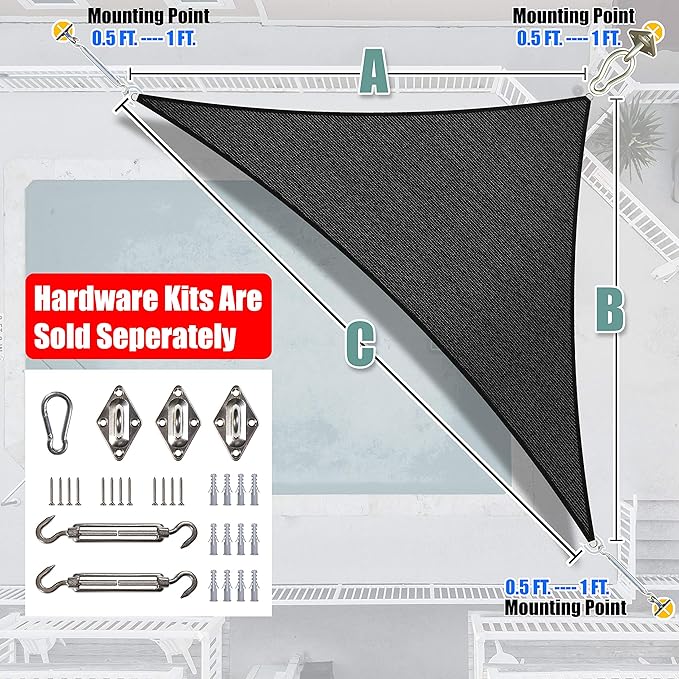 Amgo Custom Size 14' x 24' x 27.8' Black Right Triangle Sun Shade Sail UPF50+ - Image 8