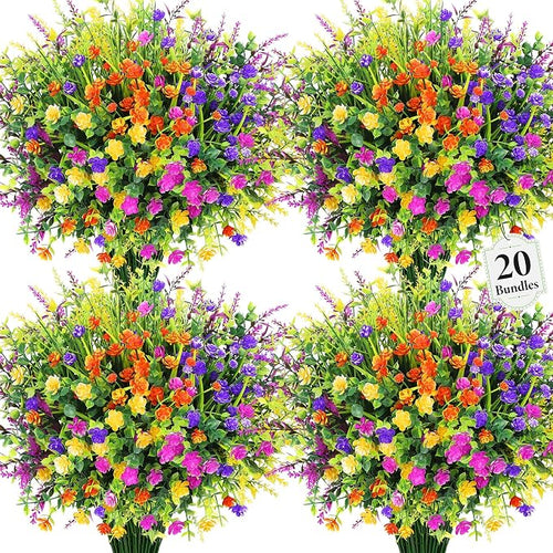 20 Bundles Artificial Flowers for Outdoors Fake Plastic Flowers UV Resistant by Besteek