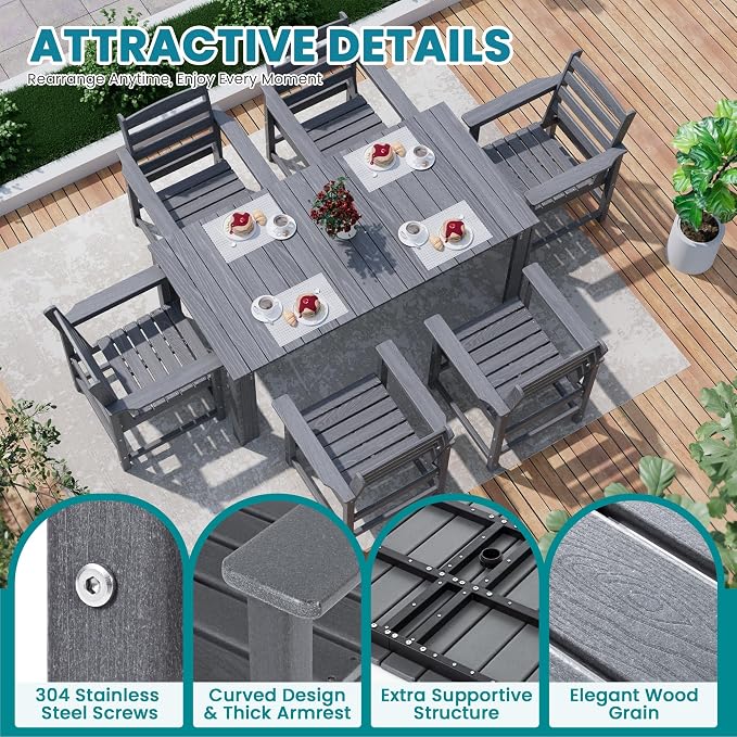 Outdoor HDPE Dining Table Set, 7-Piece Outdoor Dining Table Sets, Wood Grain - Image 4