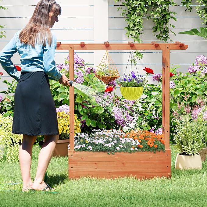 Giantex Raised Garden Bed with 2-Sided Trellis & Hanging Roof, Fir Wood Planter - Image 9