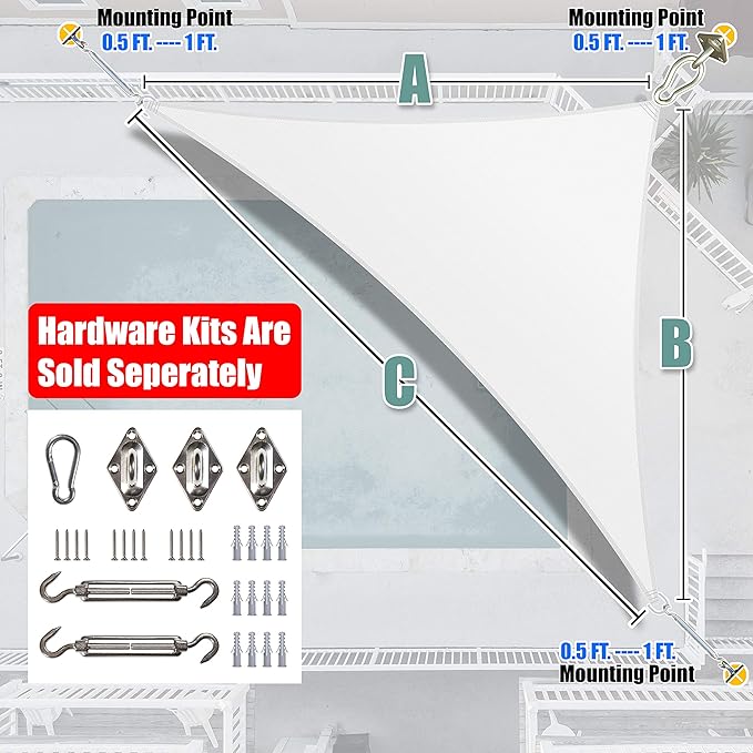 Amgo Custom Size 9' x 12' x 15' White Right Triangle Sun Shade Sail UPF50+ - Image 8
