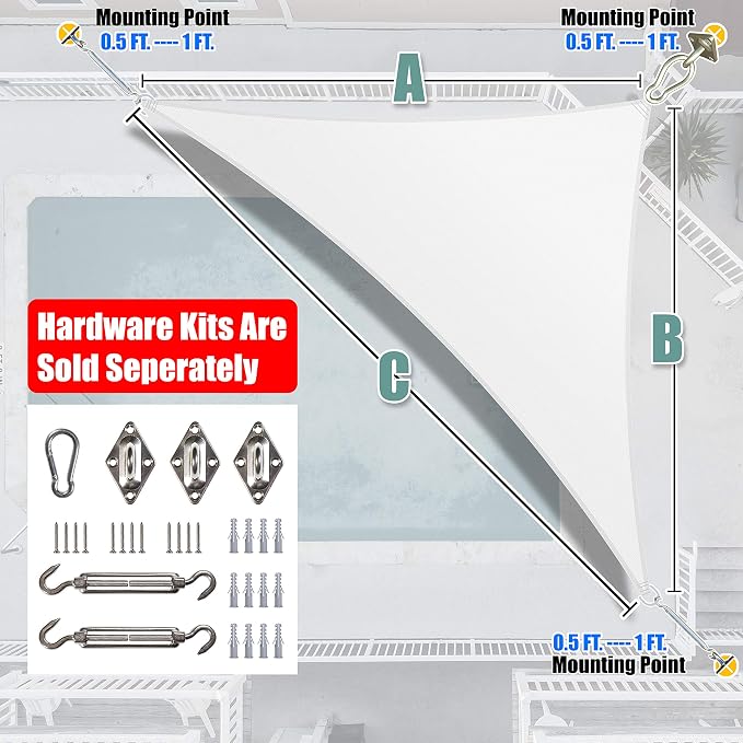 Amgo Custom Size 10' x 19' x 21.5' White Right Triangle Sun Shade Sail UPF50+ - Image 8