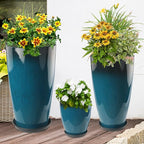24-21-11 Inch Tall Planters Set of 3, Indoor Outdoor Blue Glossy Round Planter - Image 6
