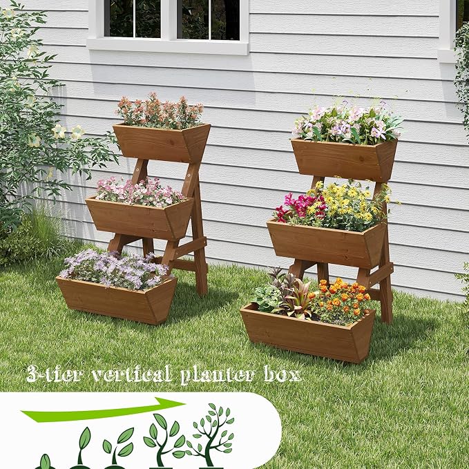 3-Tiers Wooden Raised Garden Bed Planter Box Flower Pots Vertical Garden - Image 2