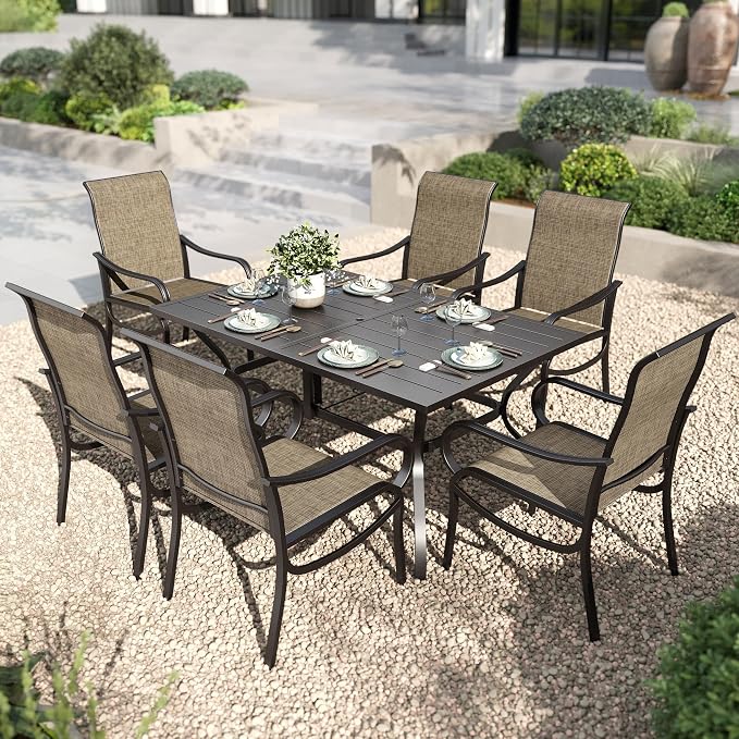 PHI VILLA Patio Dining Set for 6 Person, Rectangle Metal Table by PHIVILLAThepioneerofcomfortablehouseholdsupplies