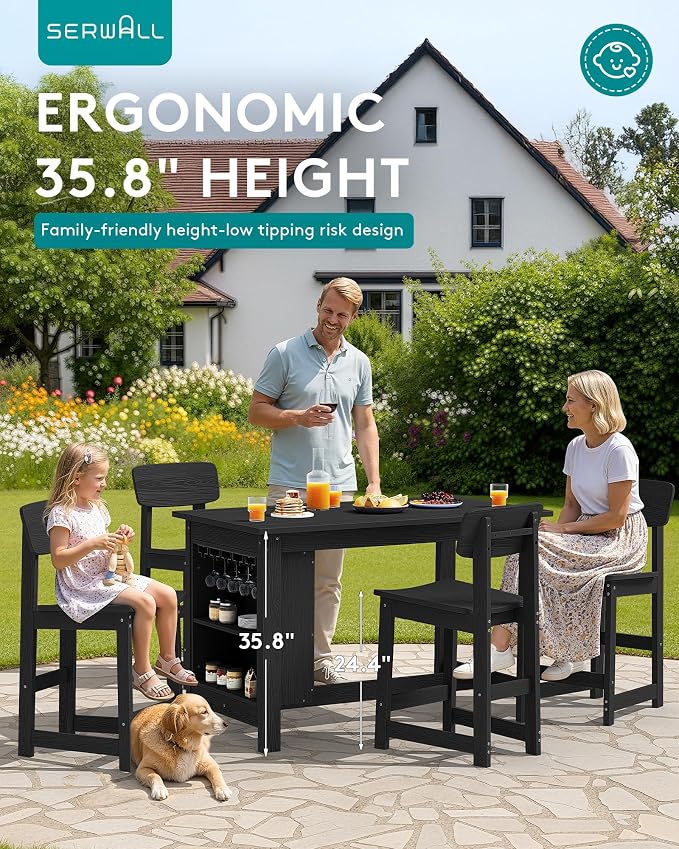 SERWALL Outdoor Bar Table and Chairs Set, 5-Piece HDPE Counter Height Patio - Image 3