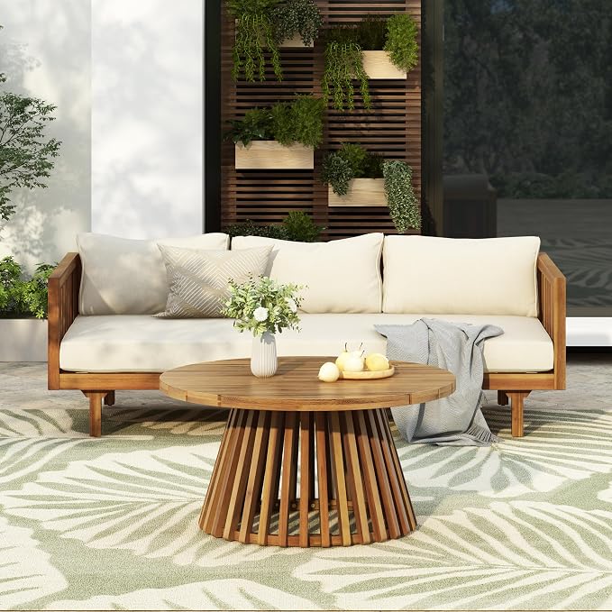 Merax Outdoor Acacia Wood Conversation Set, 3-Seat Loveseat Sofa w/Coushion and by Merax