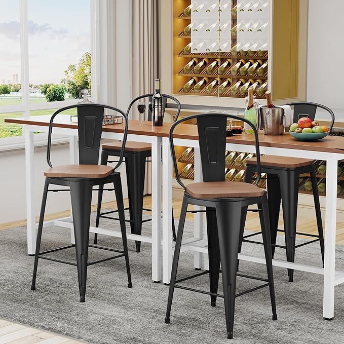 Alunaune 26" Swivel Metal Bar Stools Set of 4 High Back Counter Height - Image 4