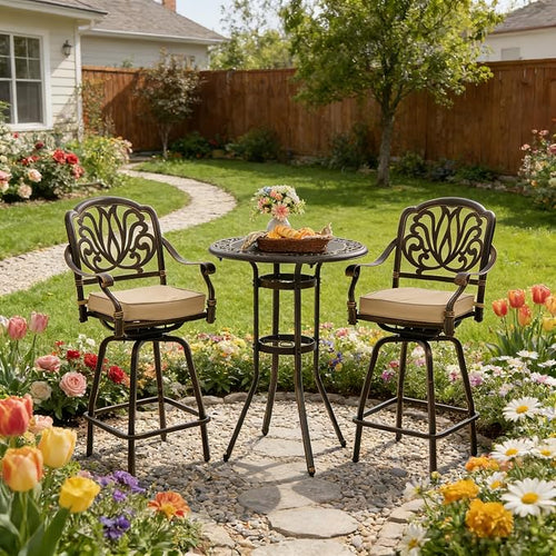 3 Piece Swivel Outdoor Table and Chairs Bar Set, All-Weather Cast Aluminum - Image 2