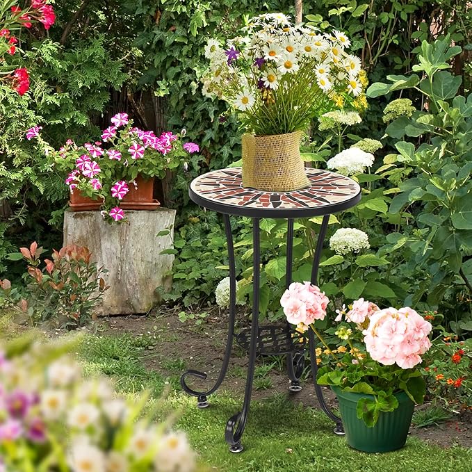 VINGLI Mosaic Outdoor Side Table, Accent Table, Ceramic Tile Top Black Iron - Image 7