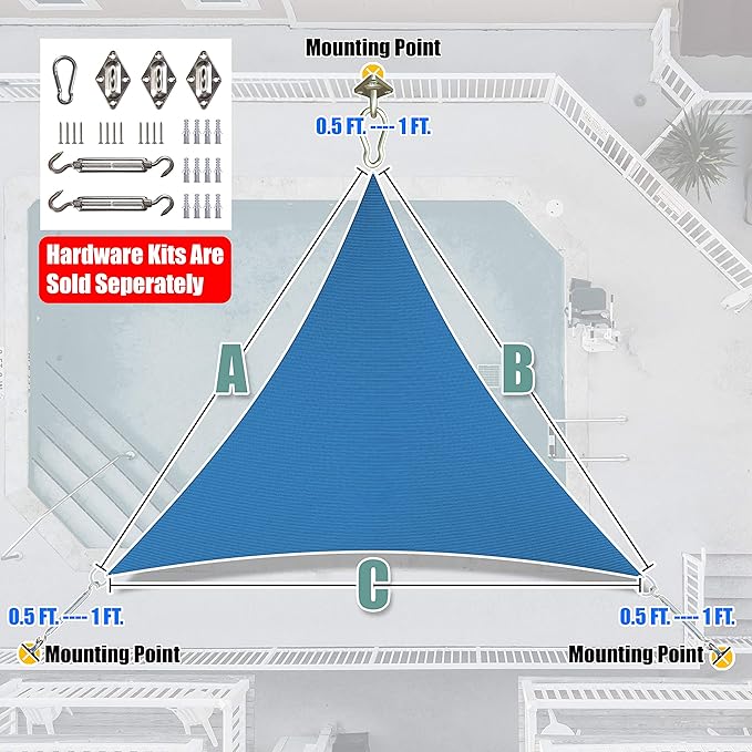 Amgo Custom Size 17' x 17' x 17' Blue Triangle Sun Shade Sail UPF50+ AGTAPRT12 - Image 8