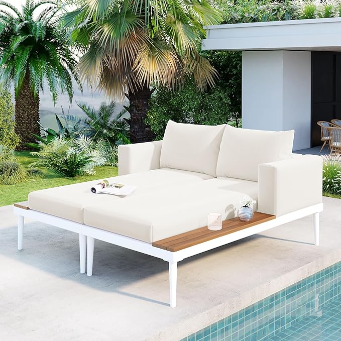 Polibi Patio Metal Daybed with Wood Topped Side Spaces by Polibi