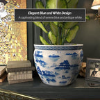 Red Lantern 20" Porcelain Fishbowl Blue & White Landscape Planter - Image 5