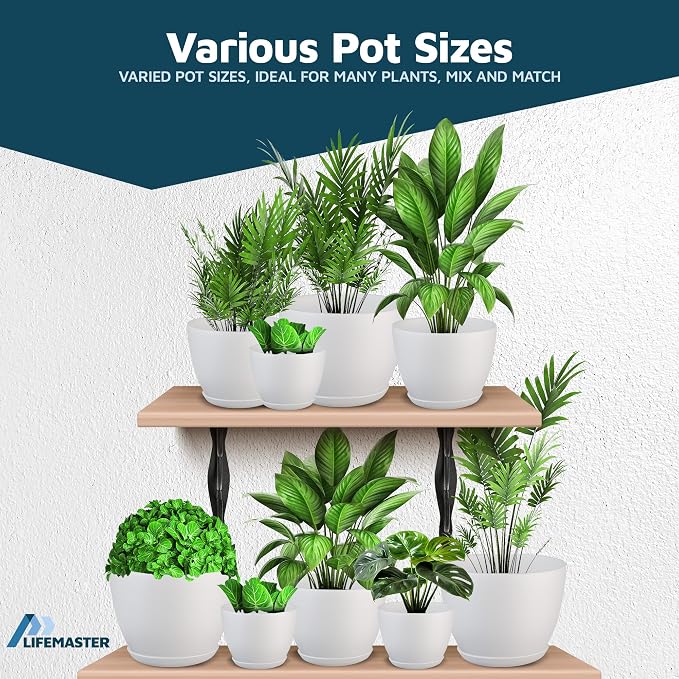 White Plant Pots with Drainage Holes & Saucers 15 Pack, Indoor & Outdoor - Image 4