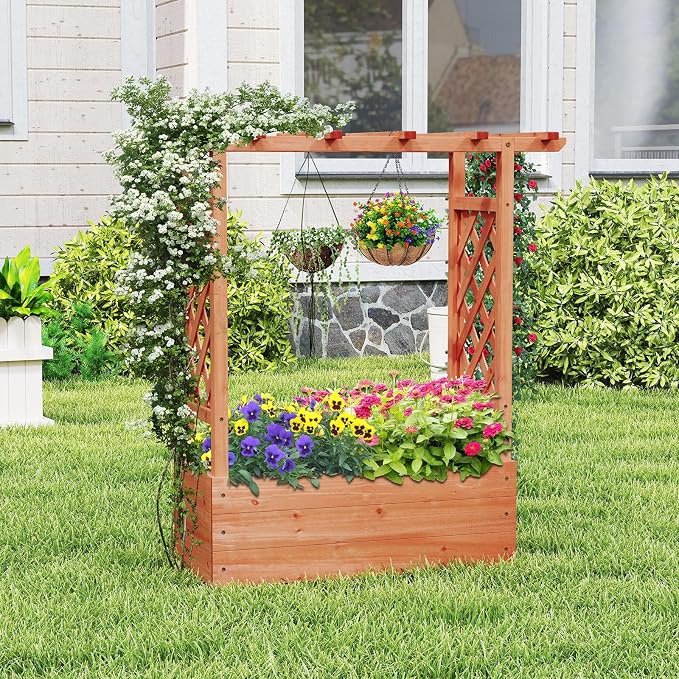 Giantex Raised Garden Bed with 2-Sided Trellis & Hanging Roof, Fir Wood Planter - Image 8