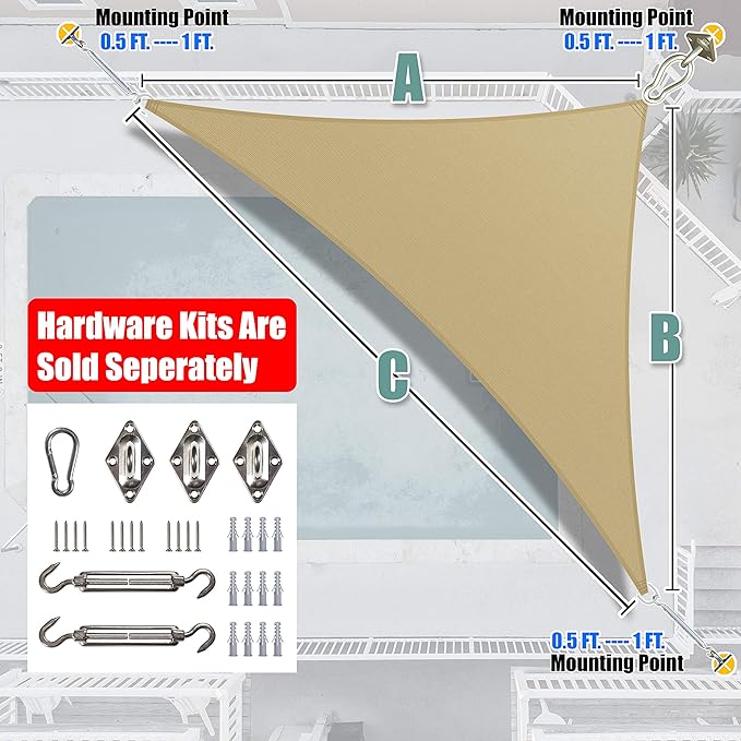 Amgo Custom Size 15' x 19' x 24.2' Sand Beige Right Triangle Sun Shade Sail - Image 8
