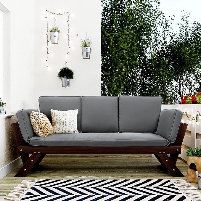 Merax Patio Sofa, Outdoor Adjustable Wooden Daybed, Chaise Lounge - Image 3