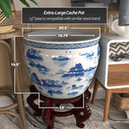 Red Lantern 20" Porcelain Fishbowl Blue & White Landscape Planter - Image 4