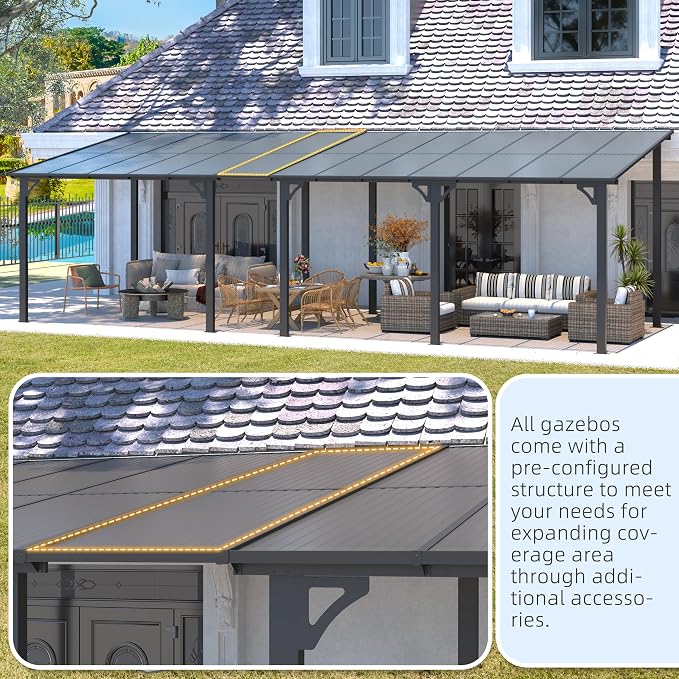 AECOJOY 14' x 12' Gazebo Outdoor Pergola, 12x14 Large Wall-Mounted Hard Top - Image 8