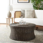 SAFAVIEH Home Collection Ruxton Dark Brown Rattan Round Coffee Table Ottoman - Image 2