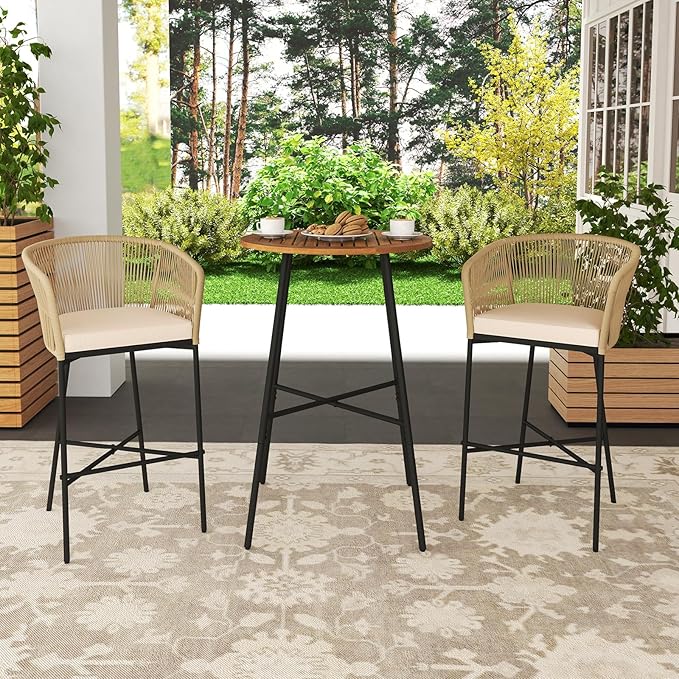 Tangkula 3 Pieces Rope Woven Patio Bar Set, Outdoor High Table and Chairs Set - Image 2