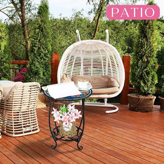 Outdoor Side Table Round Small Mosaic Patio Accent Indoor End Plant Coffee Tea - Image 2