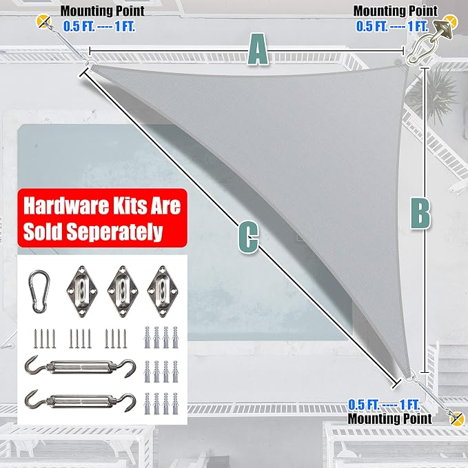 Amgo Custom Size 15' x 15' x 21.2' Gray Right Triangle Sun Shade Sail UPF50+ - Image 8