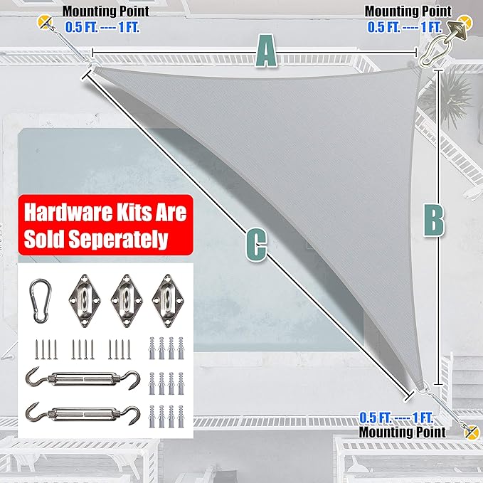 Amgo Custom Size 17' x 23' x 28.6' Gray Right Triangle Sun Shade Sail UPF50+ - Image 8