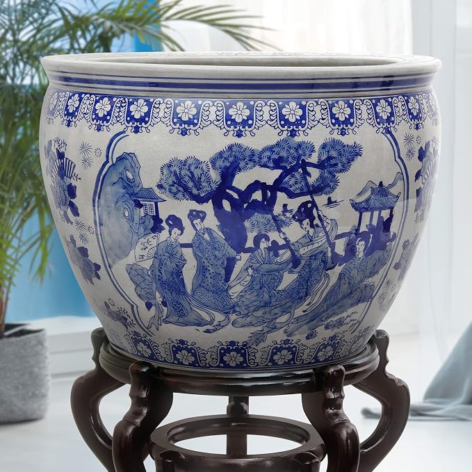 Red Lantern Large 20" Ladies Blue & White Porcelain Fishbowl Planter or Cachepot - Image 7