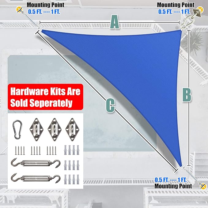 Amgo Custom Size 10' x 16' x 18.9' Blue Right Triangle Sun Shade Sail Order to - Image 7