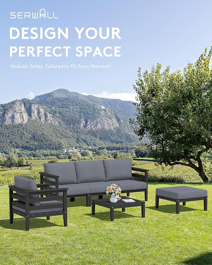 SERWALL HDPE Patio Furniture Set, 6 Pieces Outdoor Sectional Sofa Set, - Image 5