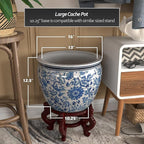 Red Lantern 16" Floral Blue & White Porcelain Fishbowl Planter - Image 5