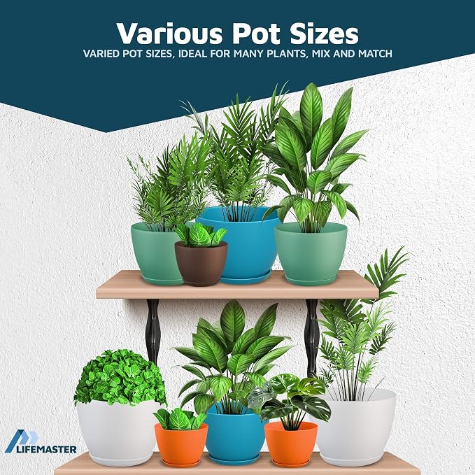Multicolor Plant Pots with Drainage Holes & Saucers 5 Pack, Indoor & Outdoor - Image 4