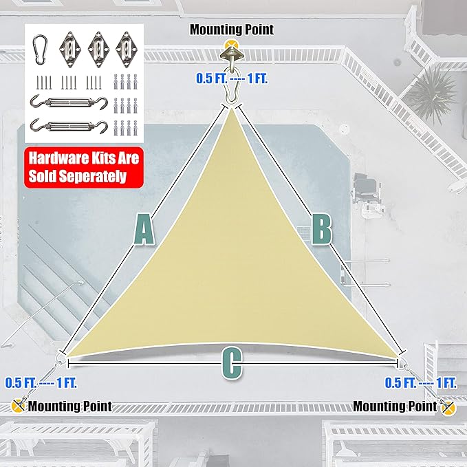 Amgo Custom Size 24' x 24' x 24' Beige Triangle Sun Shade Sail UPF50+ AGTAPRT12 - Image 8