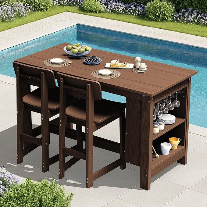 SERWALL 3-Piece Outdoor Counter Height Bar Set, HDPE Patio Bar Table by SERWALL
