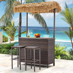 HOMREST Outdoor Tiki Bar Set, 3 Pieces Wicker Patio Bar Set w/2 Height Stools by HOMREST