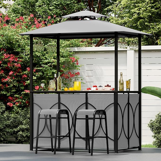Tangkula 3-Piece Patio Bar Set, Grill Gazebo & 2 Bar Stools - Image 2