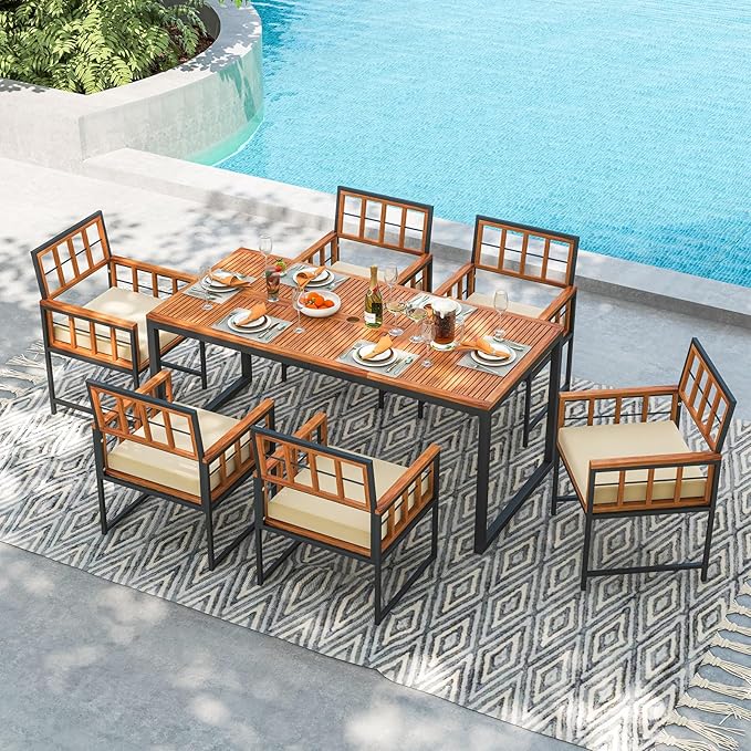 Tangkula 7 Pieces Patio Dining Set, Outdoor Acacia Wood Table and Chairs - Image 7