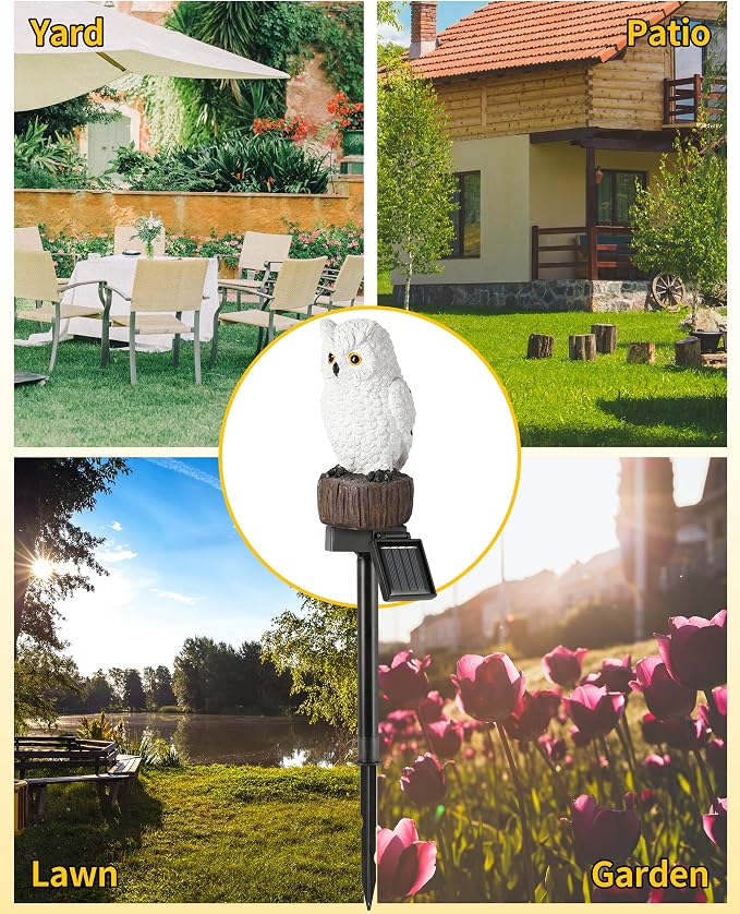 iStatue 2PC Solar Owl Garden Stake Lights, Handcrafted Resin Owl Outdoor Decor - Image 8