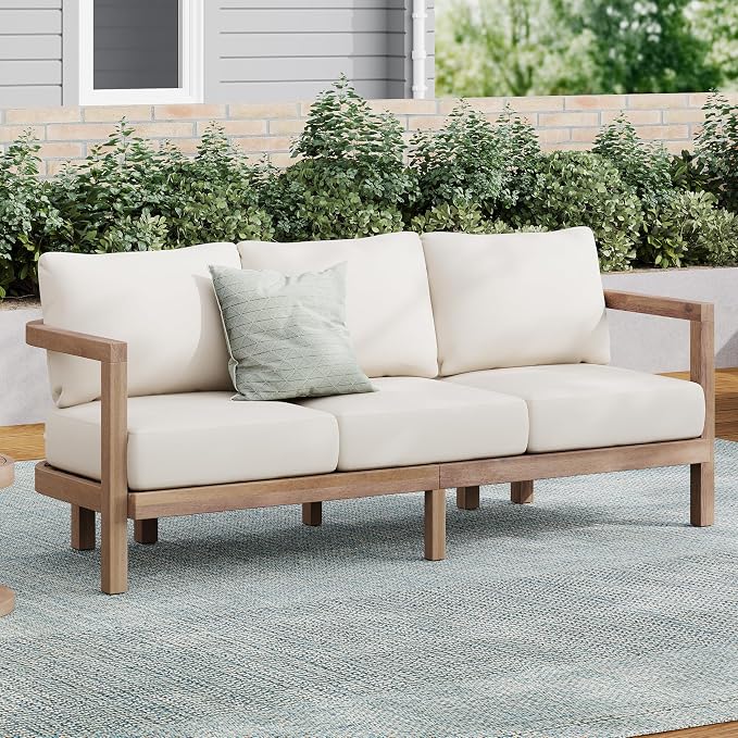 Merax 3 Seater Outdoor Acacia Wood Patio Sofa - Image 2